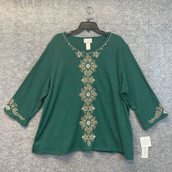NWT Alfred Dunner Woman Top 3X Emerald Isle Green Center Medallion Embroidery - Picture 1 of 16